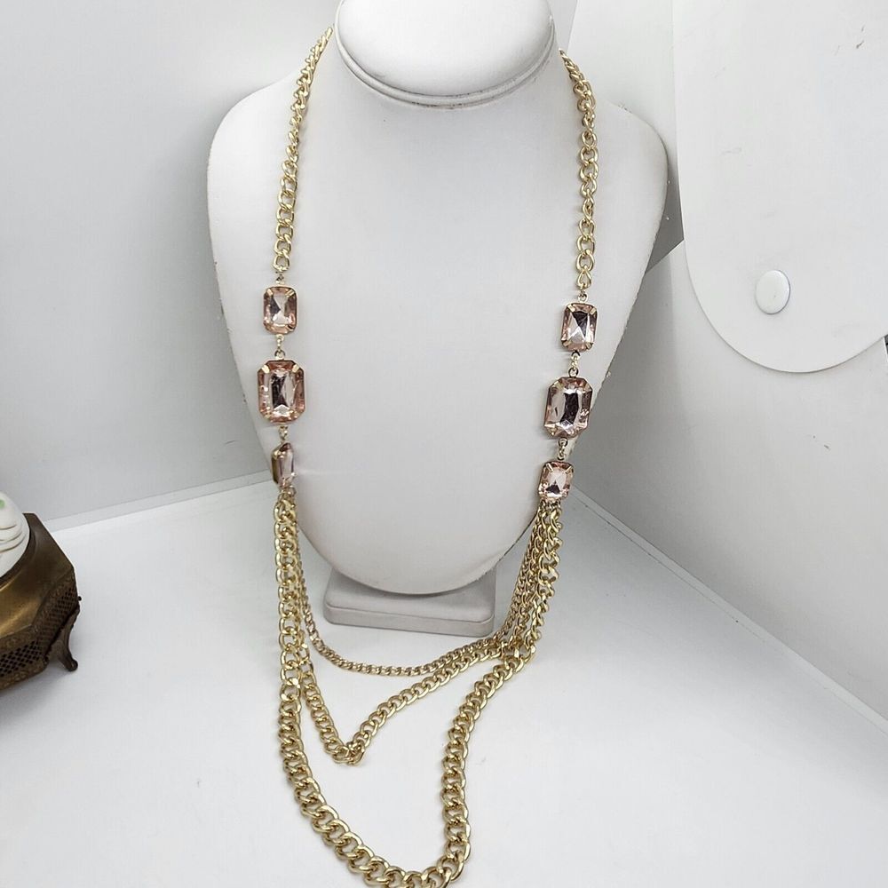 Gold Tone Layered Chain Necklace With Pink Rhinestones - Picture 6 of 7